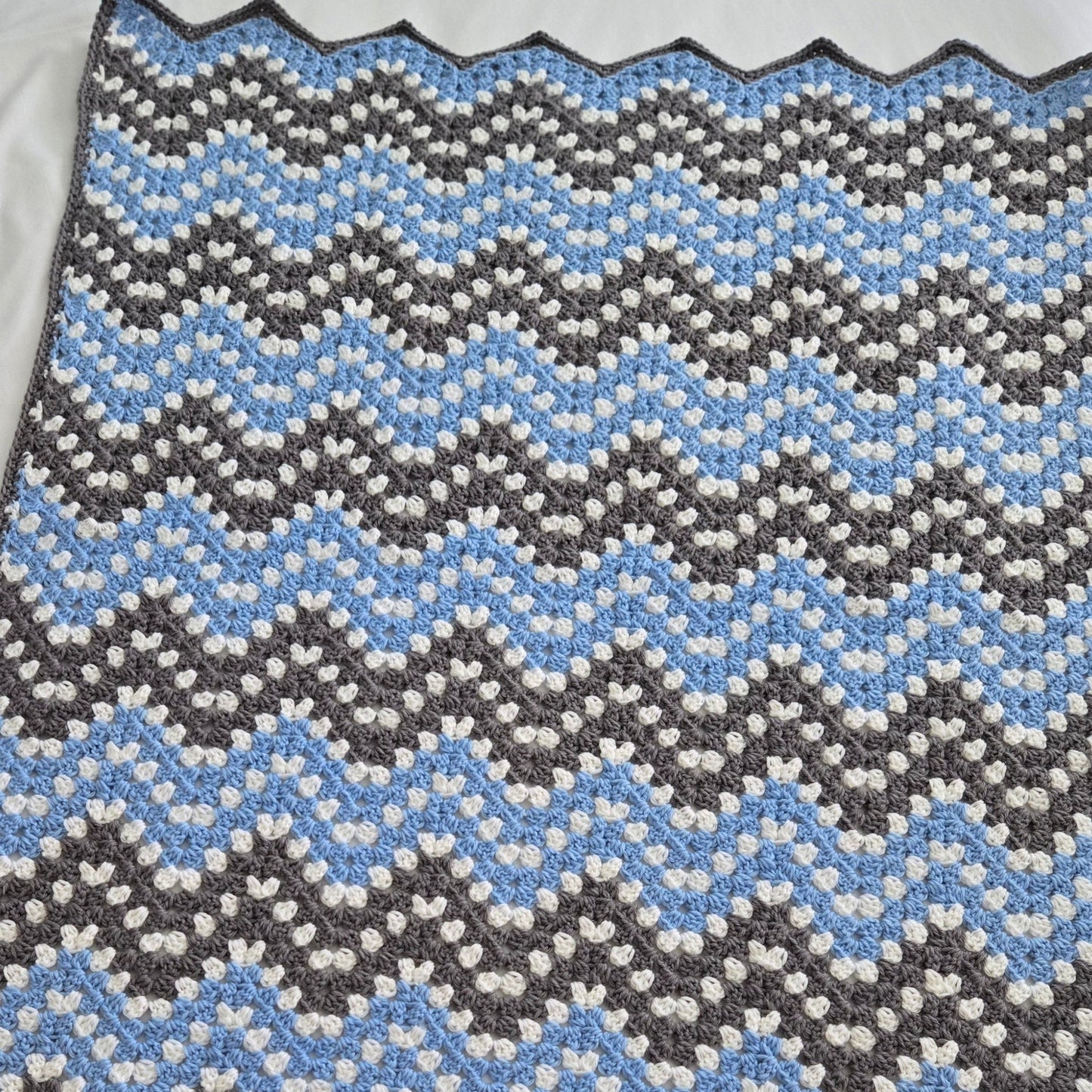 Handcrafted Blue and Gray Granny Stitch Ripple Baby Blanket - Quality Heirloom Gift