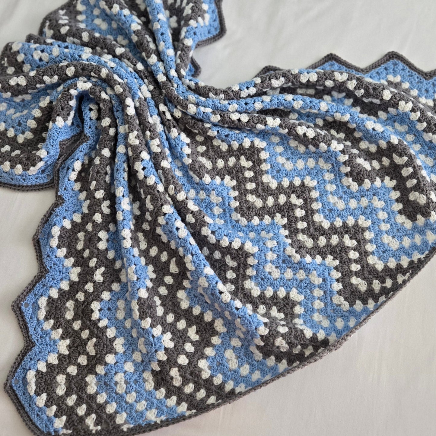 Handcrafted Blue and Gray Granny Stitch Ripple Baby Blanket - Quality Heirloom Gift
