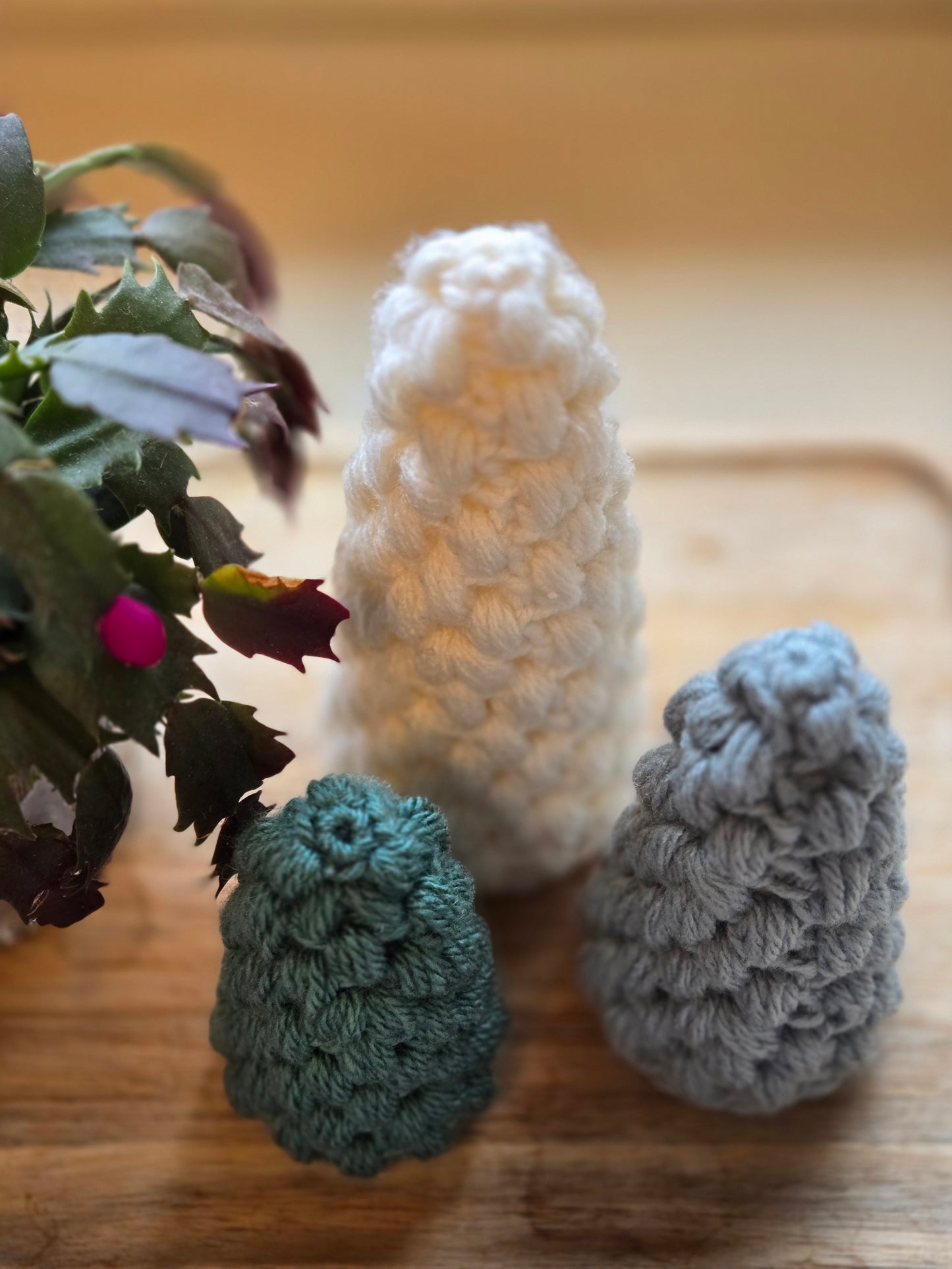 Woodland Calm Crochet Table Top Tree Set - Light Green, Cream & Bark (Set of 3)