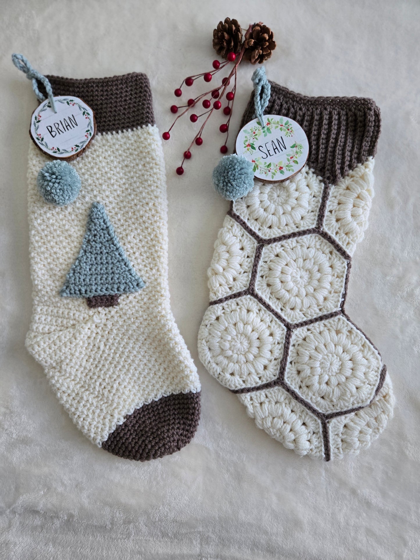 Woodland Calm Crochet Christmas Stockings - Rustic Holiday Decor in Light Green, Cream & Bark