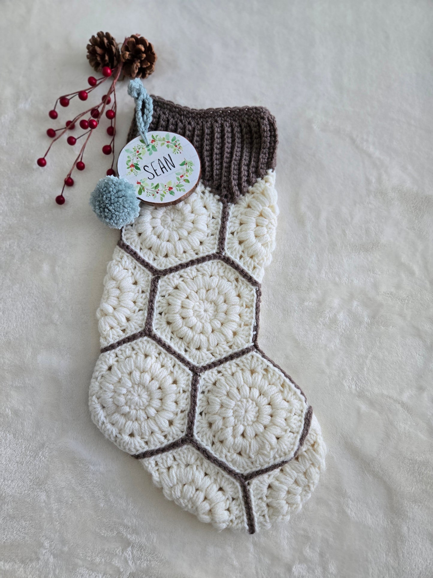 Woodland Calm Crochet Christmas Stockings - Rustic Holiday Decor in Light Green, Cream & Bark