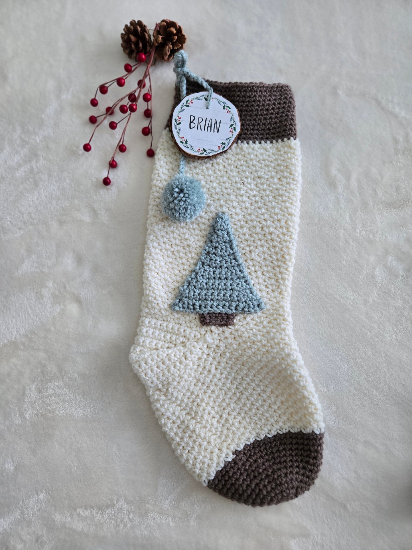 Woodland Calm Crochet Christmas Stockings - Rustic Holiday Decor in Light Green, Cream & Bark