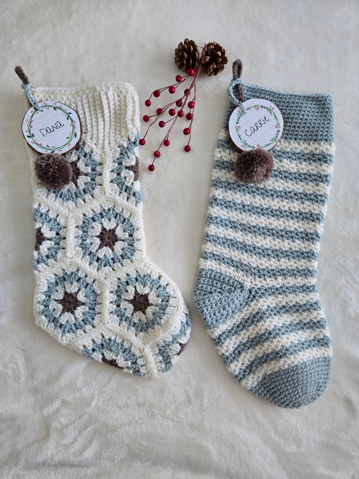 Woodland Calm Crochet Christmas Stockings - Rustic Holiday Decor in Light Green, Cream & Bark