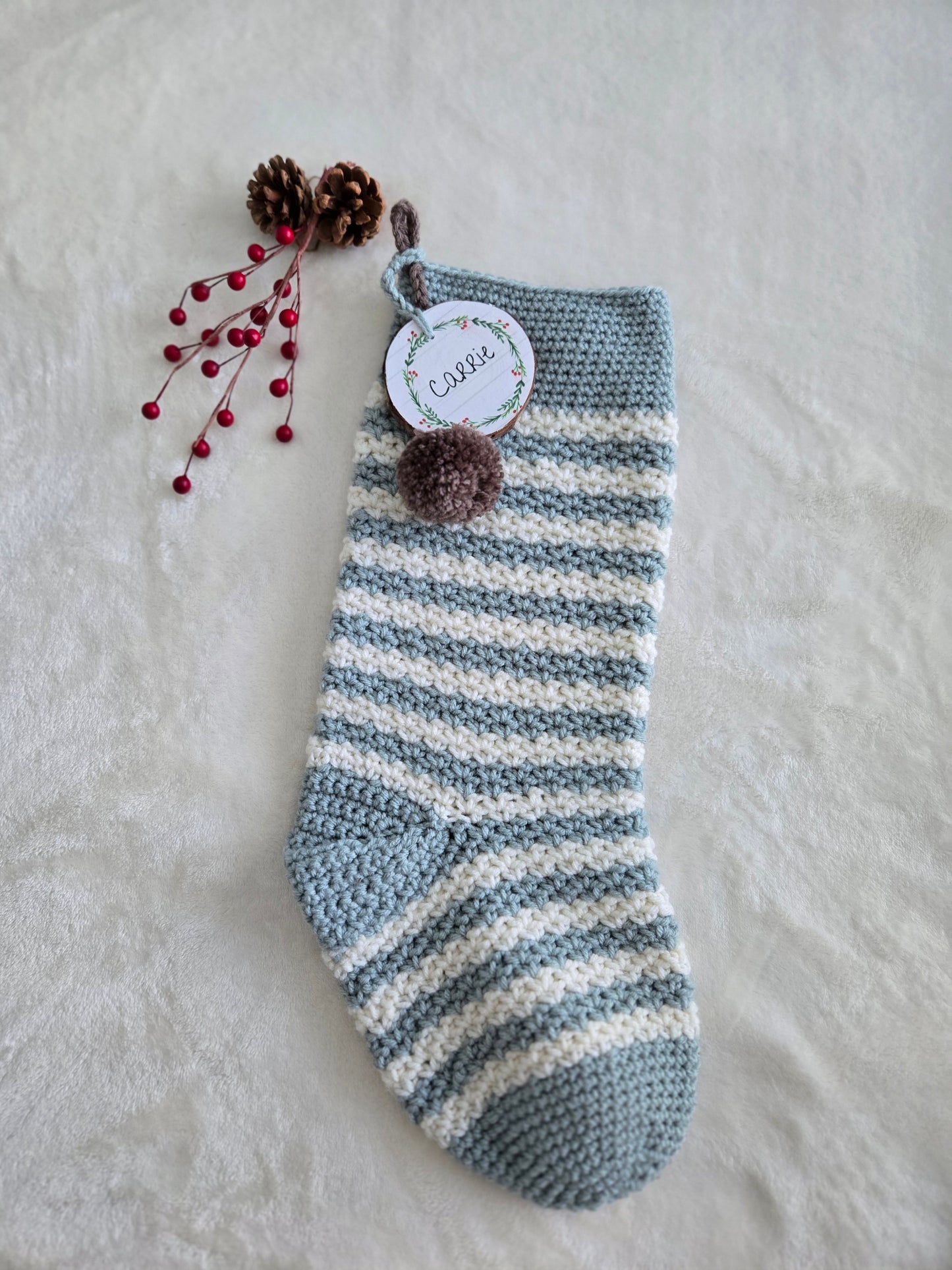 Woodland Calm Crochet Christmas Stockings - Rustic Holiday Decor in Light Green, Cream & Bark