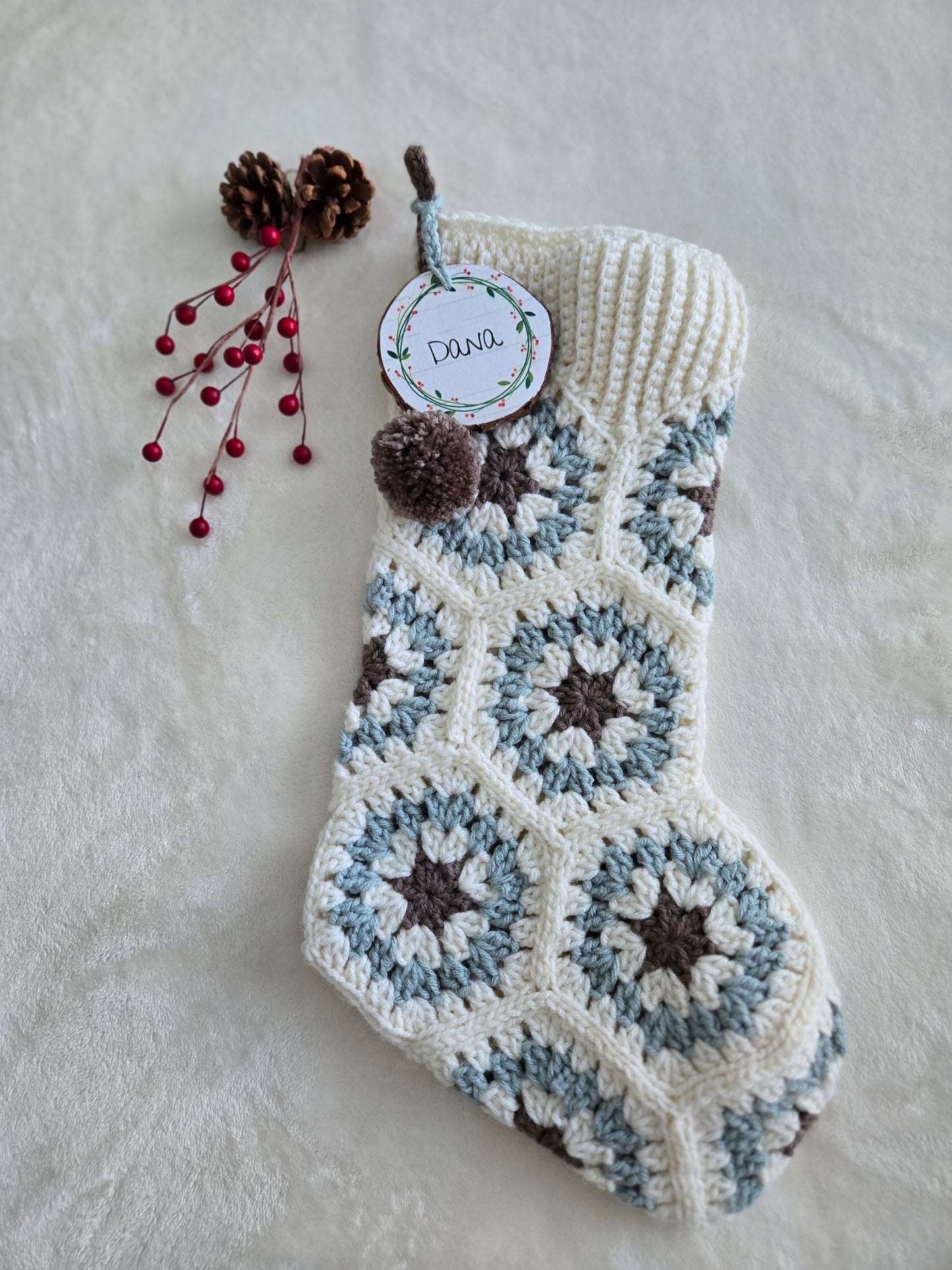 Woodland Calm Crochet Christmas Stockings - Rustic Holiday Decor in Light Green, Cream & Bark