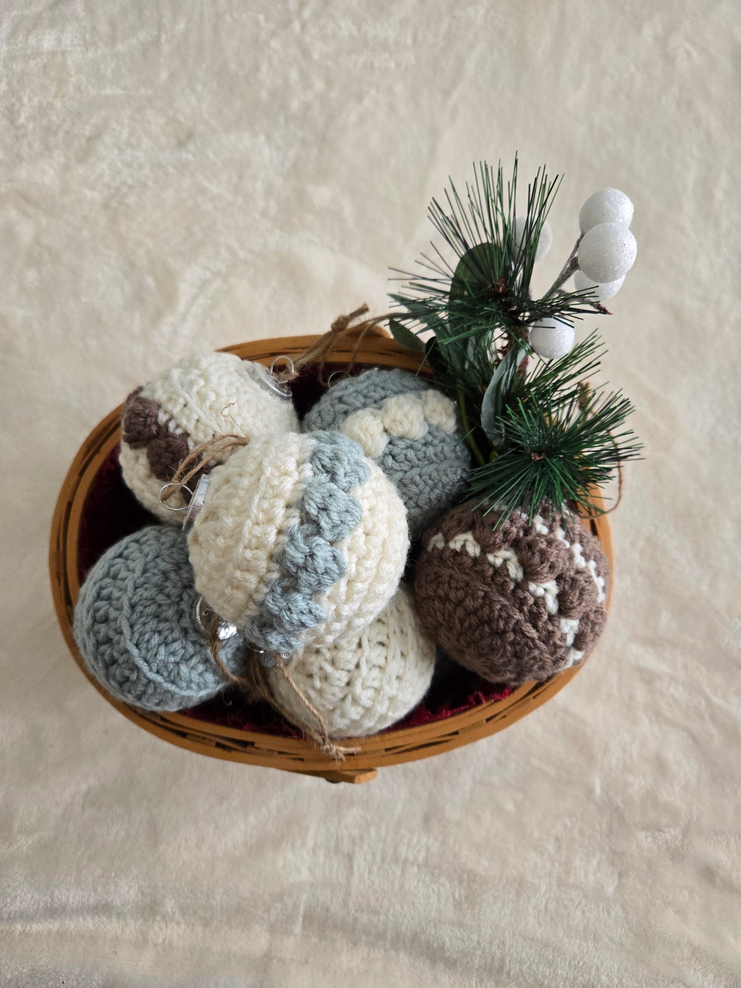 Woodland Calm Crochet Christmas Ornament Set – Set of 6 in Sage, Bark, and Cream