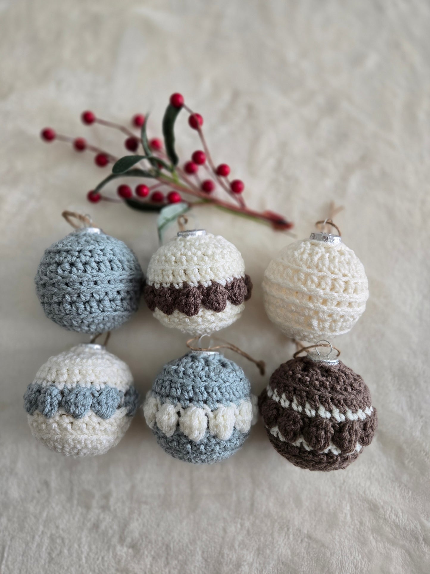 Woodland Calm Crochet Christmas Ornament Set – Set of 6 in Sage, Bark, and Cream