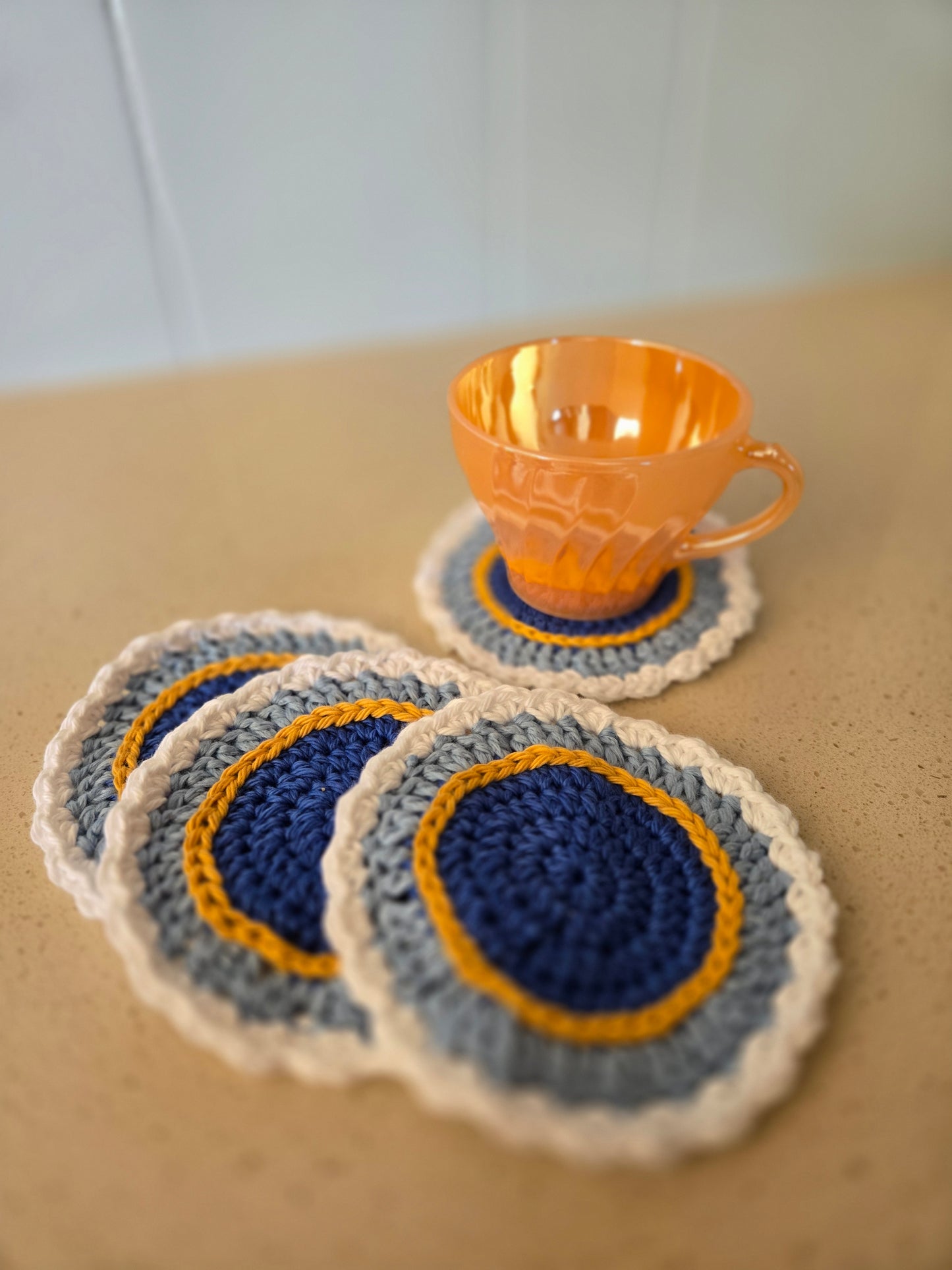 Festive Crochet Hanukkah Coasters – Blue, Gold & White Decor, Perfect for Hanukkah Mug Sets