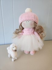 Handmade Tilda Doll "Elizabeth" with Pink Tulle Skirt & Sweater with Poodle – Collectible Keepsake