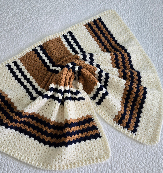 Handmade Heirloom Navy Blue, Gold & Cream Crochet Baby Blanket