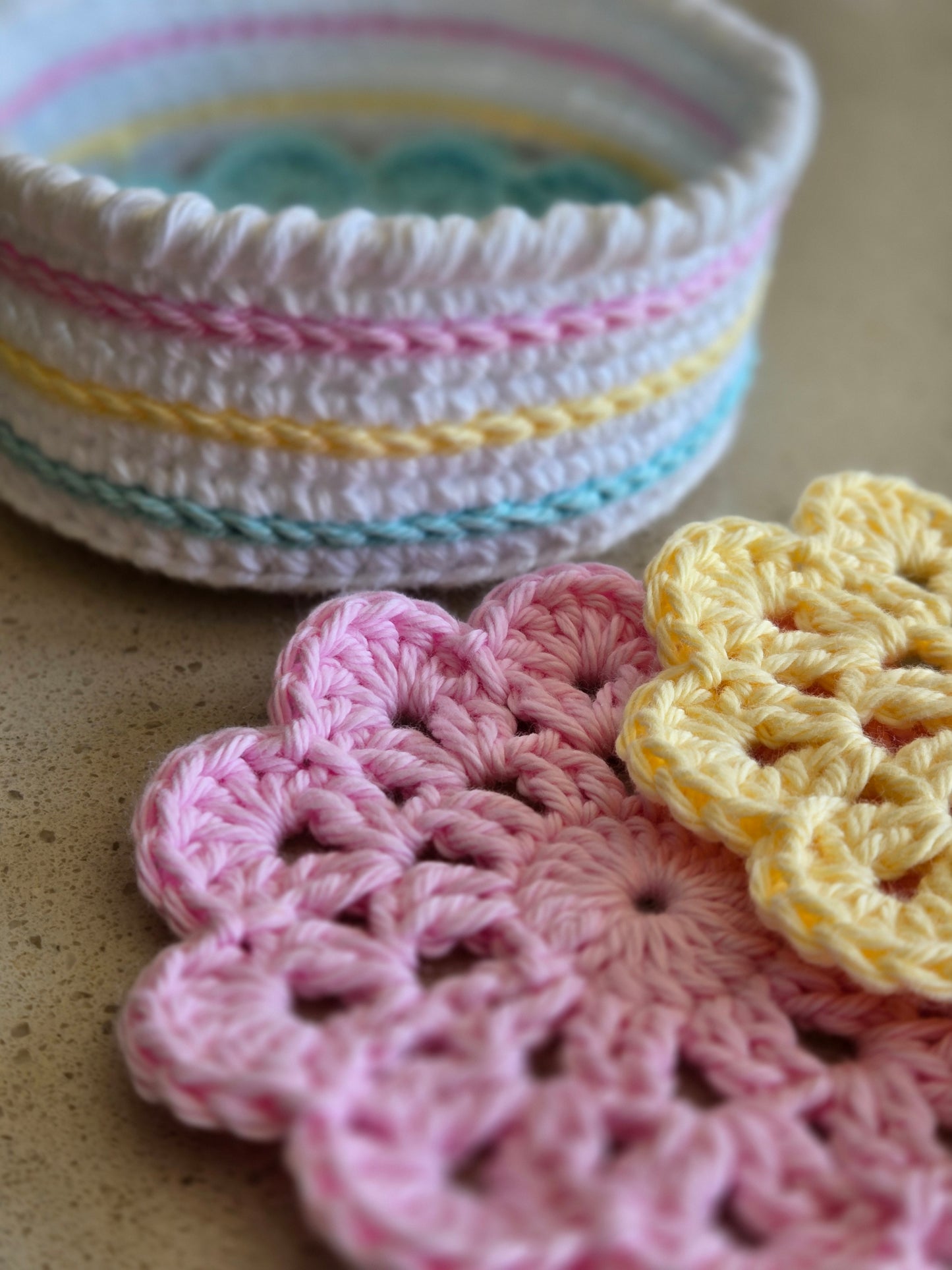 Crochet Spring Coasters with Basket Holder