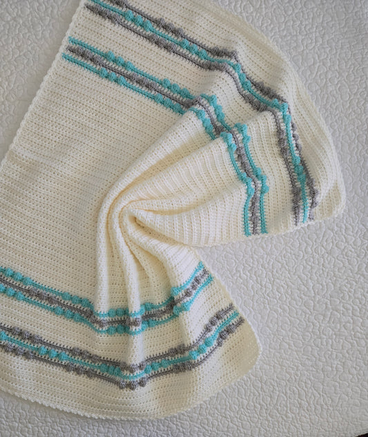Handmade White Baby Blanket with Turquoise and Grey Accents