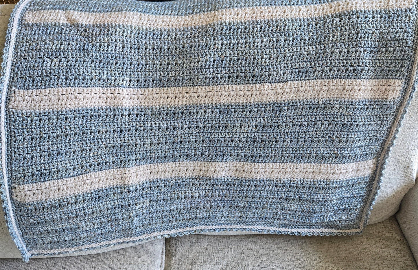 Handmade Heirloom Baby Blanket | Blue Tweed & Cream Nursery Throw