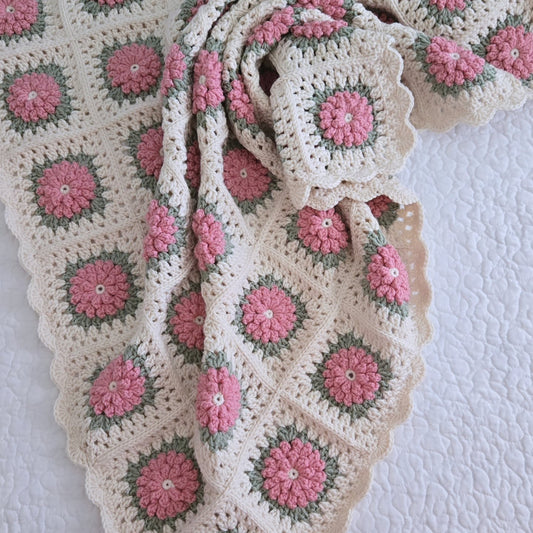 Handmade Rose Garden Granny Square Baby Blanket
