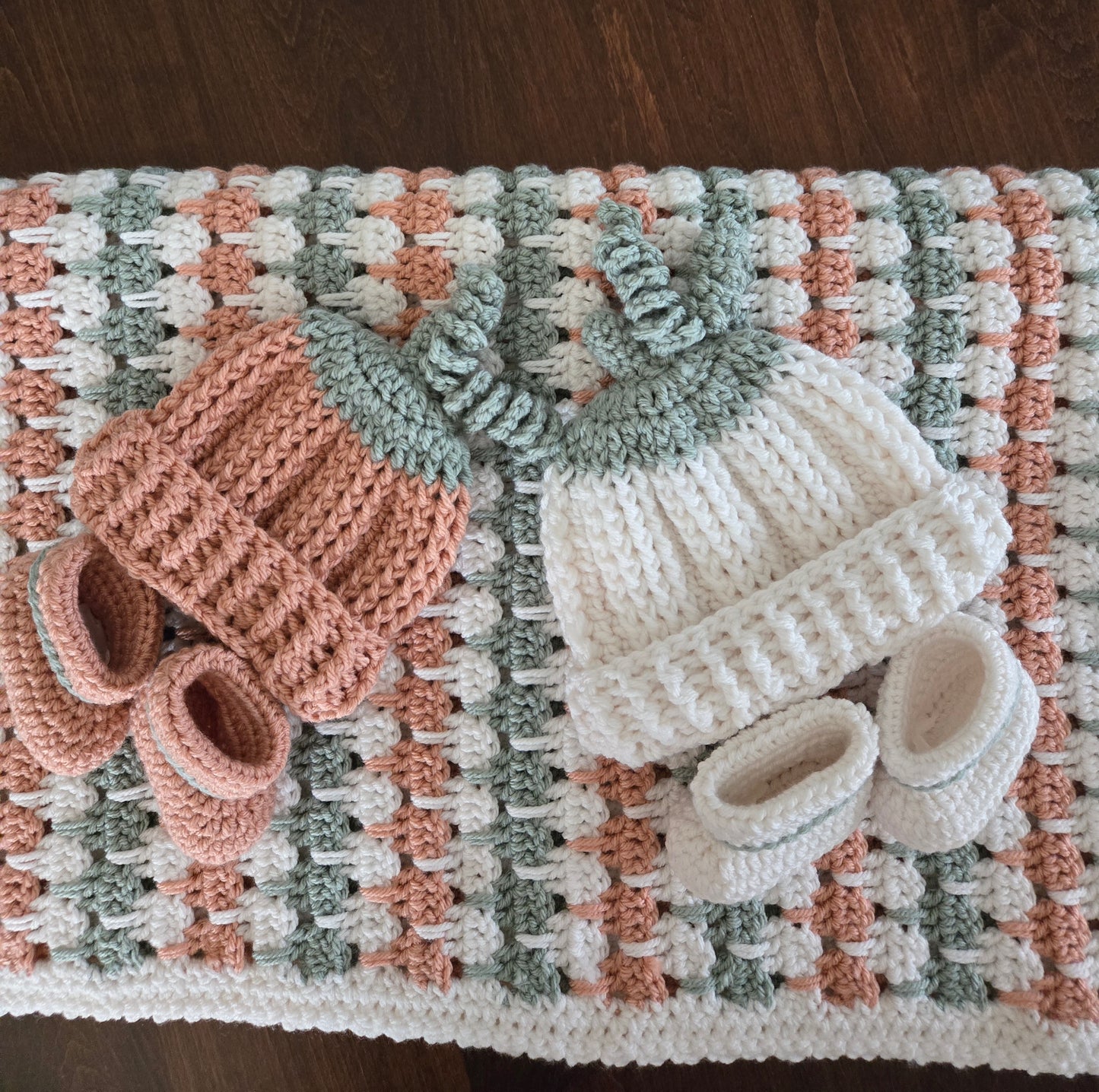 Soft Shades of Fall Heirloom Baby Blanket, Hat & Bootie Set – Handcrafted Crochet Keepsake Gift