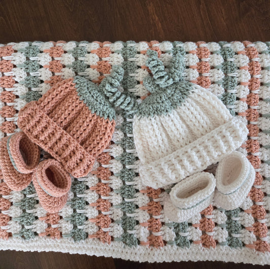 Soft Shades of Fall Heirloom Baby Blanket, Hat & Bootie Set – Handcrafted Crochet Keepsake Gift