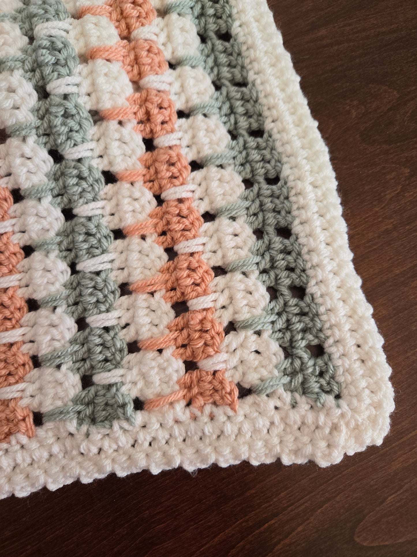 Dreamy Soft Heirloom Crochet Baby Blanket – Green, Peach & Cream
