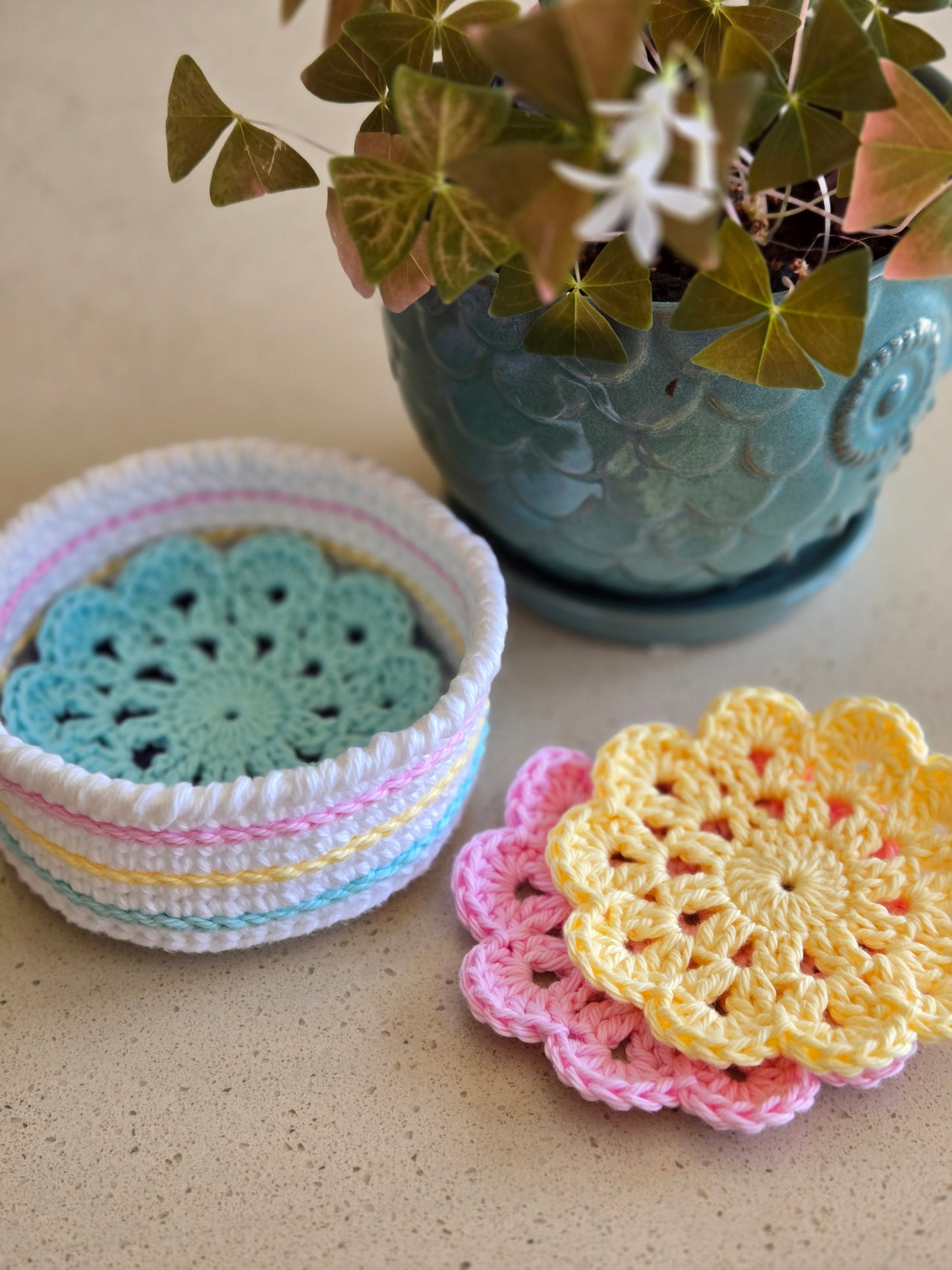Crochet Spring Coasters with Basket Holder