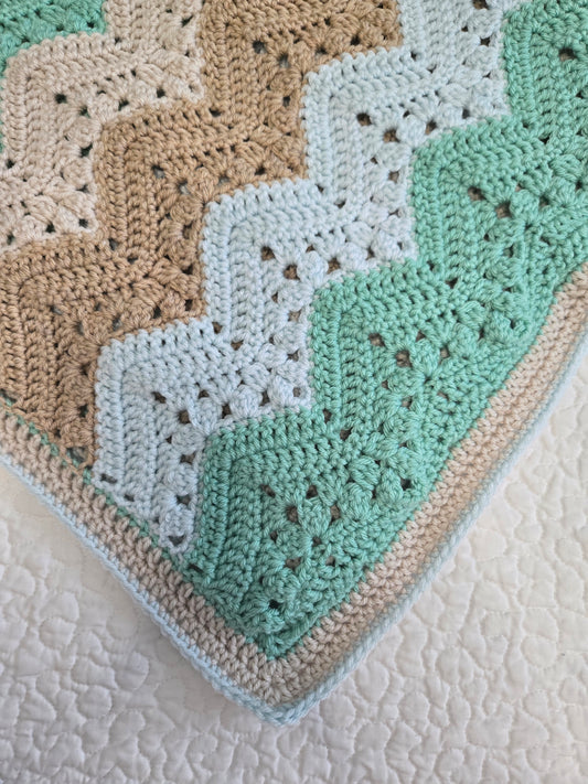Handmade Crochet Blanket – Green, Blue & Tan Stripes