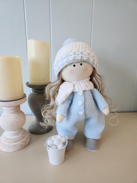 Handmade Tilda Doll with Snowsuit & Snowballs – Winter Collectible