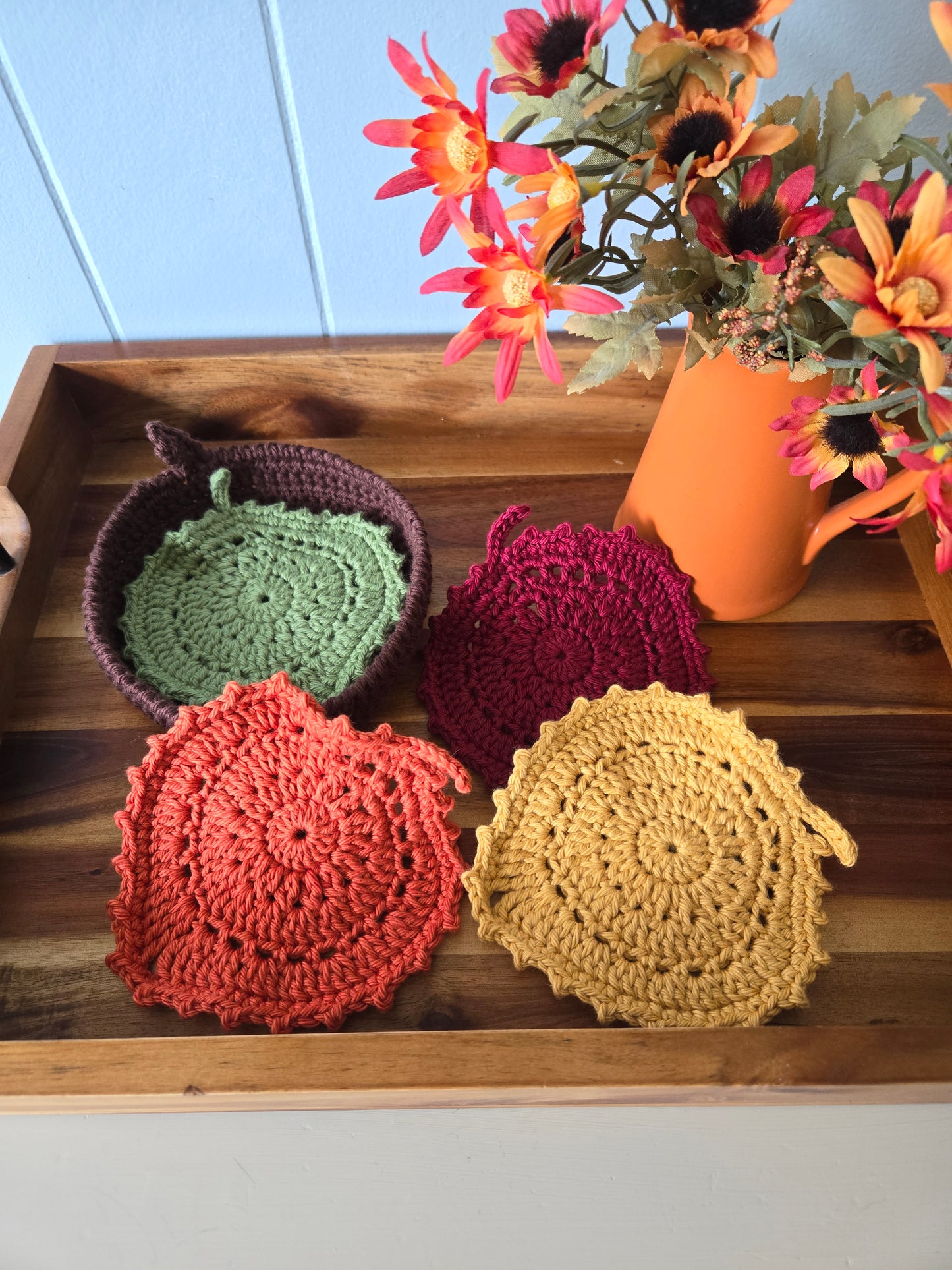 Crochet Fall Leaf Coaster and Holder Set