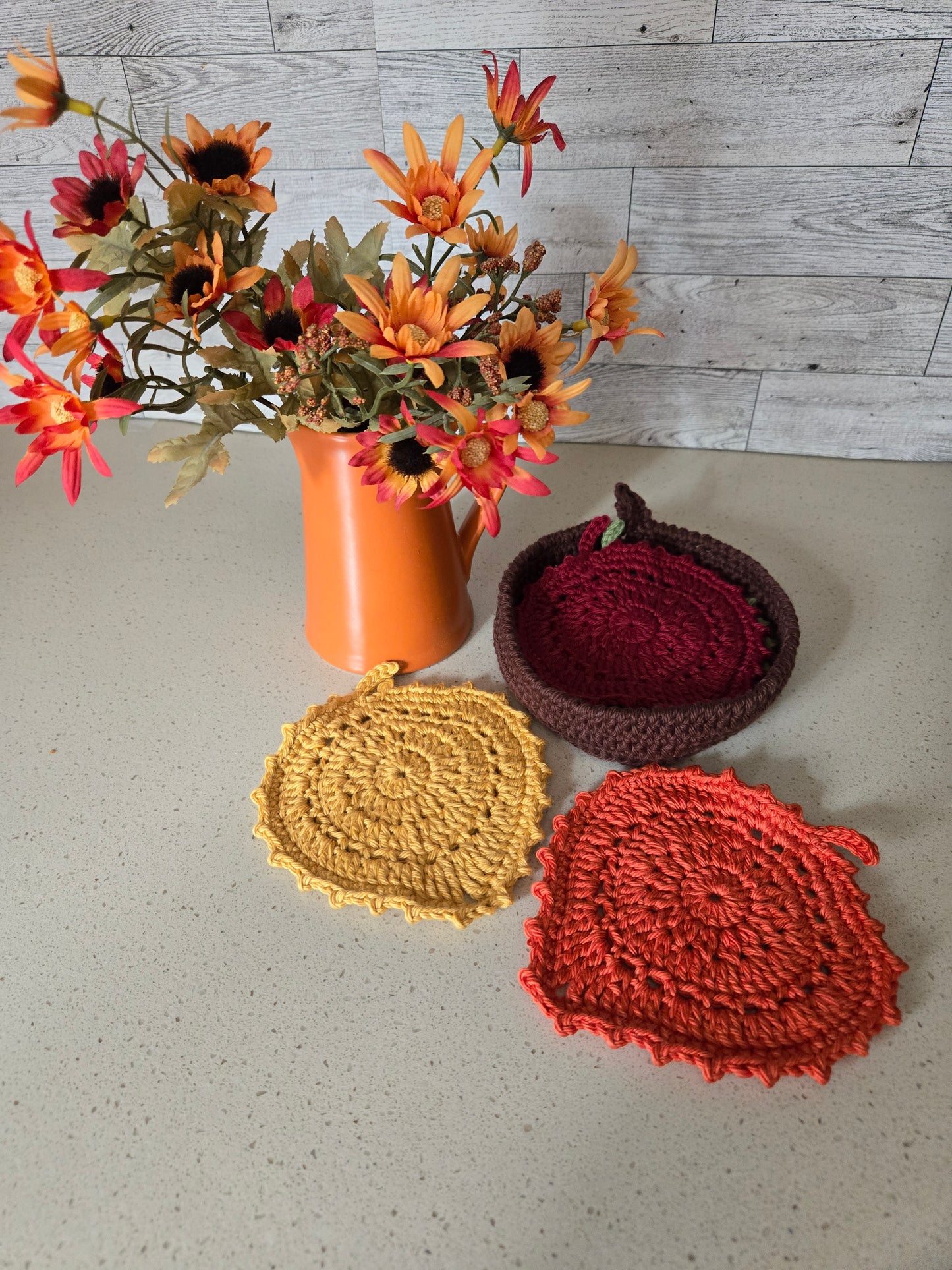 Crochet Fall Leaf Coaster and Holder Set