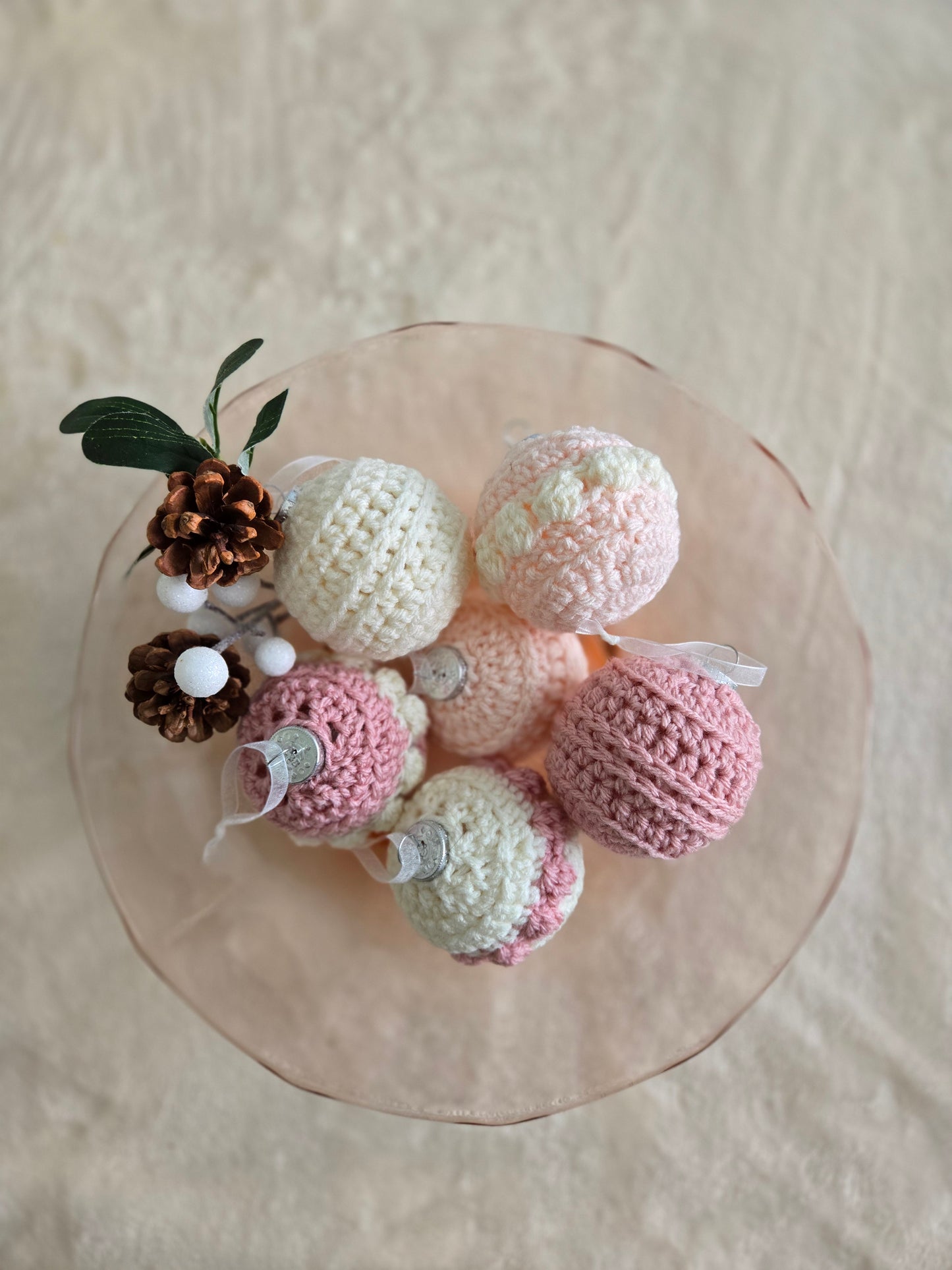 Blush Noel Crochet Christmas Ornament Set of 6 – Soft Pink, Rose & Cream