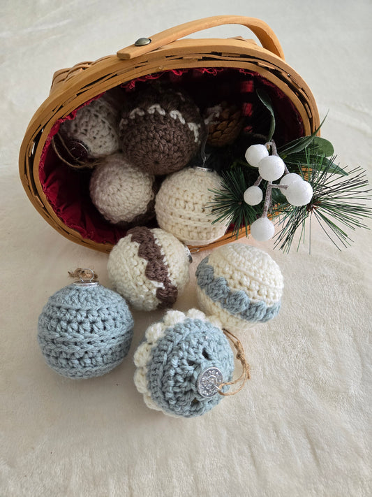 Woodland Calm Crochet Christmas Ornament Set – Set of 6 in Sage, Bark, and Cream