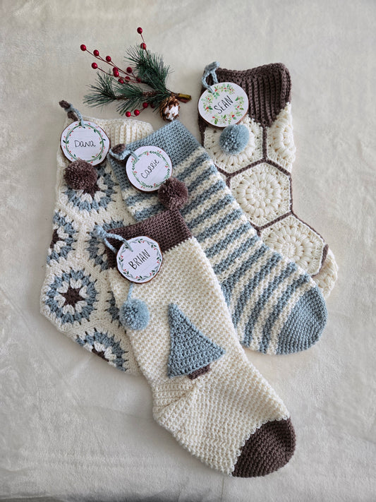 Woodland Calm Crochet Christmas Stockings - Rustic Holiday Decor in Light Green, Cream & Bark