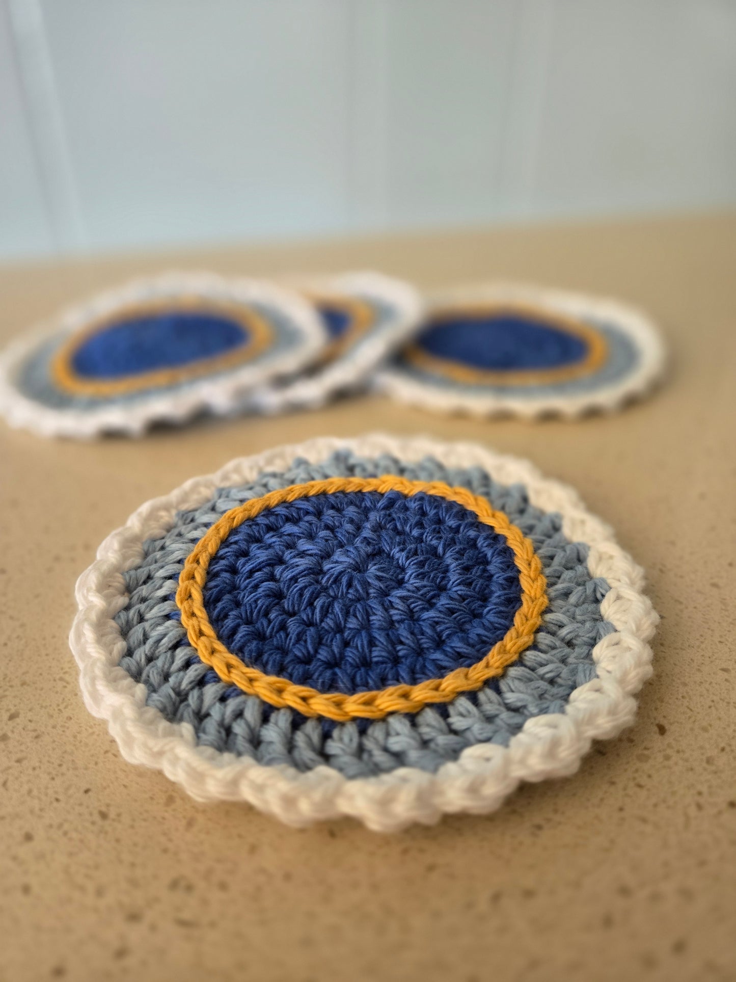 Festive Crochet Hanukkah Coasters – Blue, Gold & White Decor, Perfect for Hanukkah Mug Sets