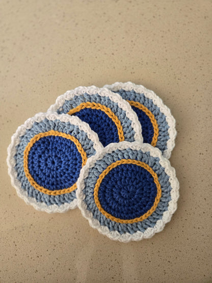 Festive Crochet Hanukkah Coasters – Blue, Gold & White Decor, Perfect for Hanukkah Mug Sets