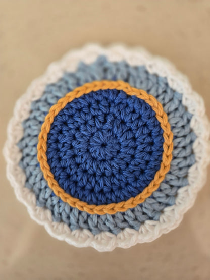 Festive Crochet Hanukkah Coasters – Blue, Gold & White Decor, Perfect for Hanukkah Mug Sets