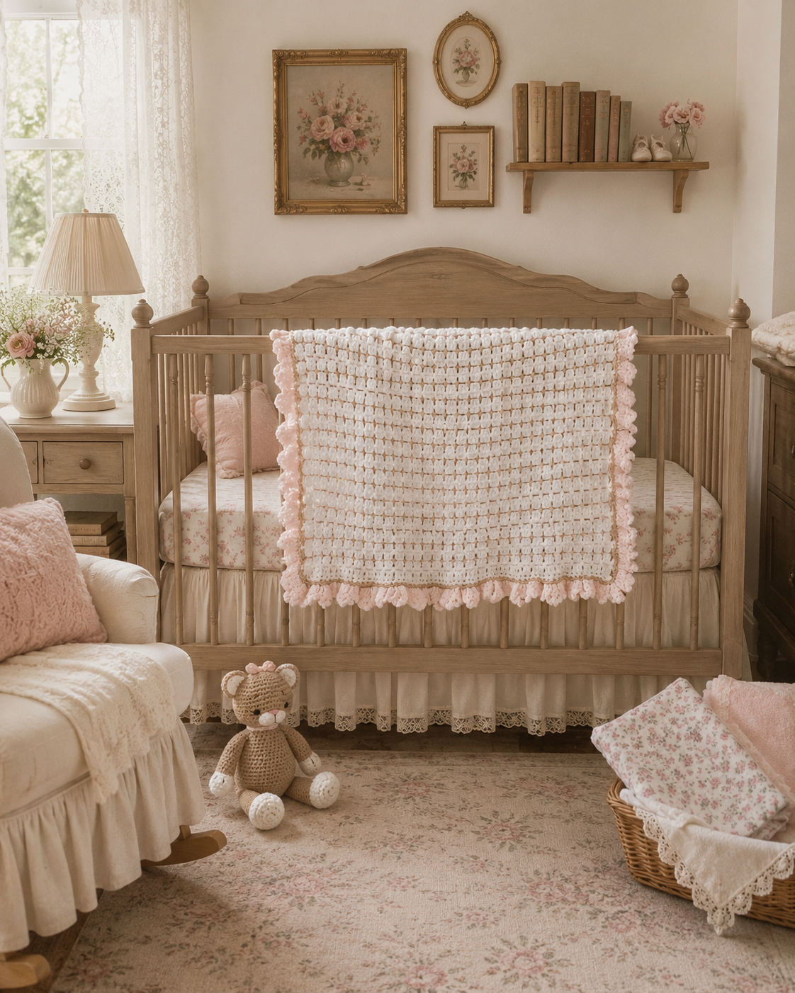 English Cottage Heirloom Baby Blanket Set with Crochet Cat Plush & Receiving Blankets