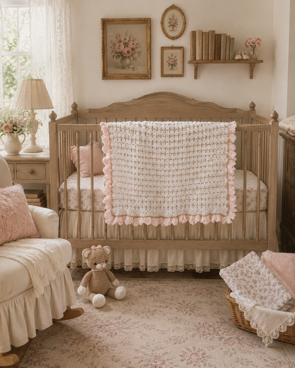 English Cottage Heirloom Baby Blanket Set with Crochet Cat Plush & Receiving Blankets