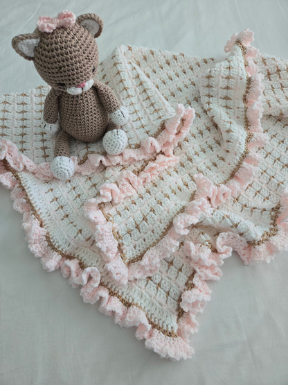 English Cottage Heirloom Baby Blanket Set with Crochet Cat Plush & Receiving Blankets