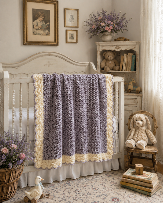 Vintage Nursery Heirloom Crochet Baby Blanket | Handmade Lavender & Cream Baby Afghan