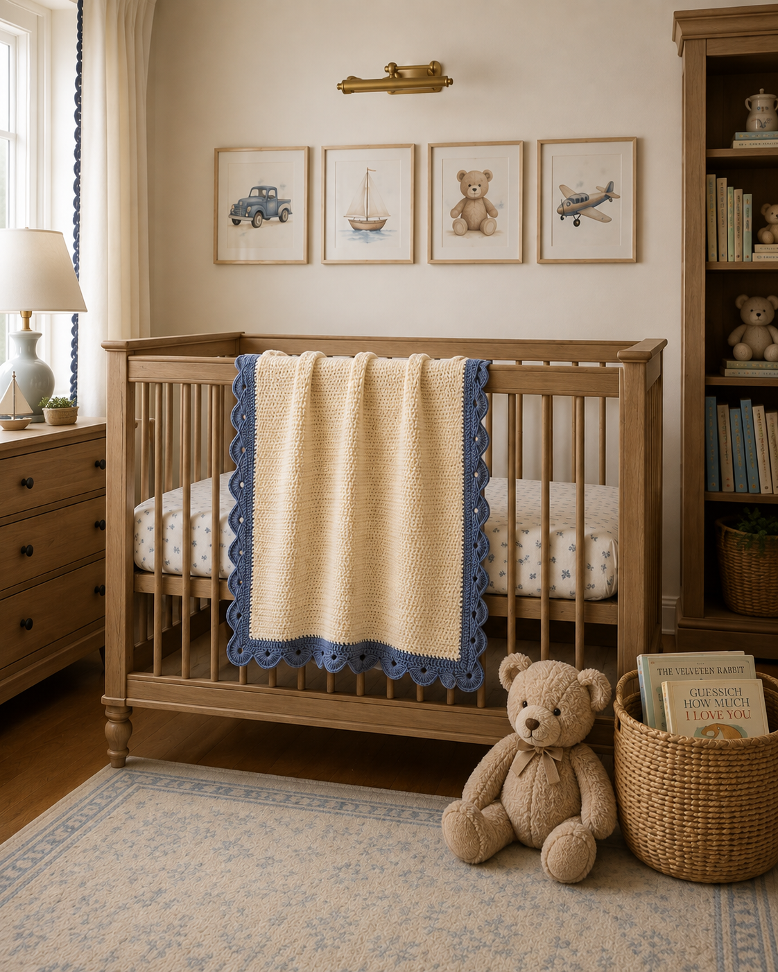 Heirloom Crochet Baby Blanket | Classic Ivory & Dusty Blue Scallop Nursery Blanket