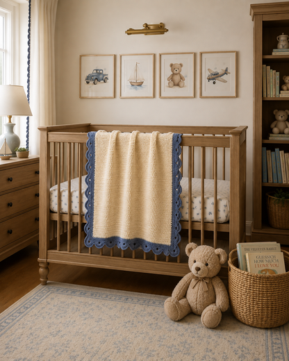 Heirloom Crochet Baby Blanket | Classic Ivory & Dusty Blue Scallop Nursery Blanket