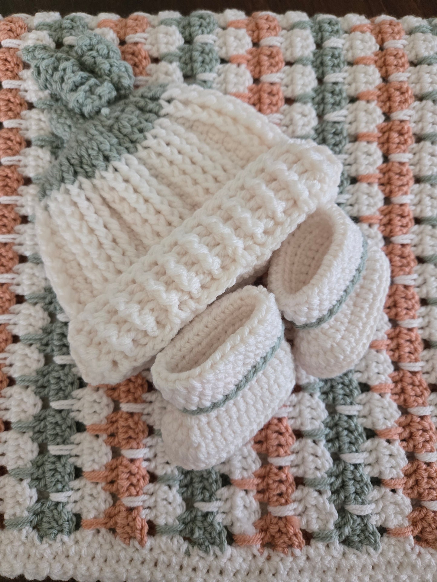 Soft Shades of Fall Heirloom Baby Blanket, Hat & Bootie Set – Handcrafted Crochet Keepsake Gift