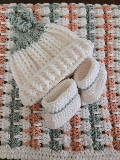 Soft Shades of Fall Heirloom Baby Blanket, Hat & Bootie Set – Handcrafted Crochet Keepsake Gift