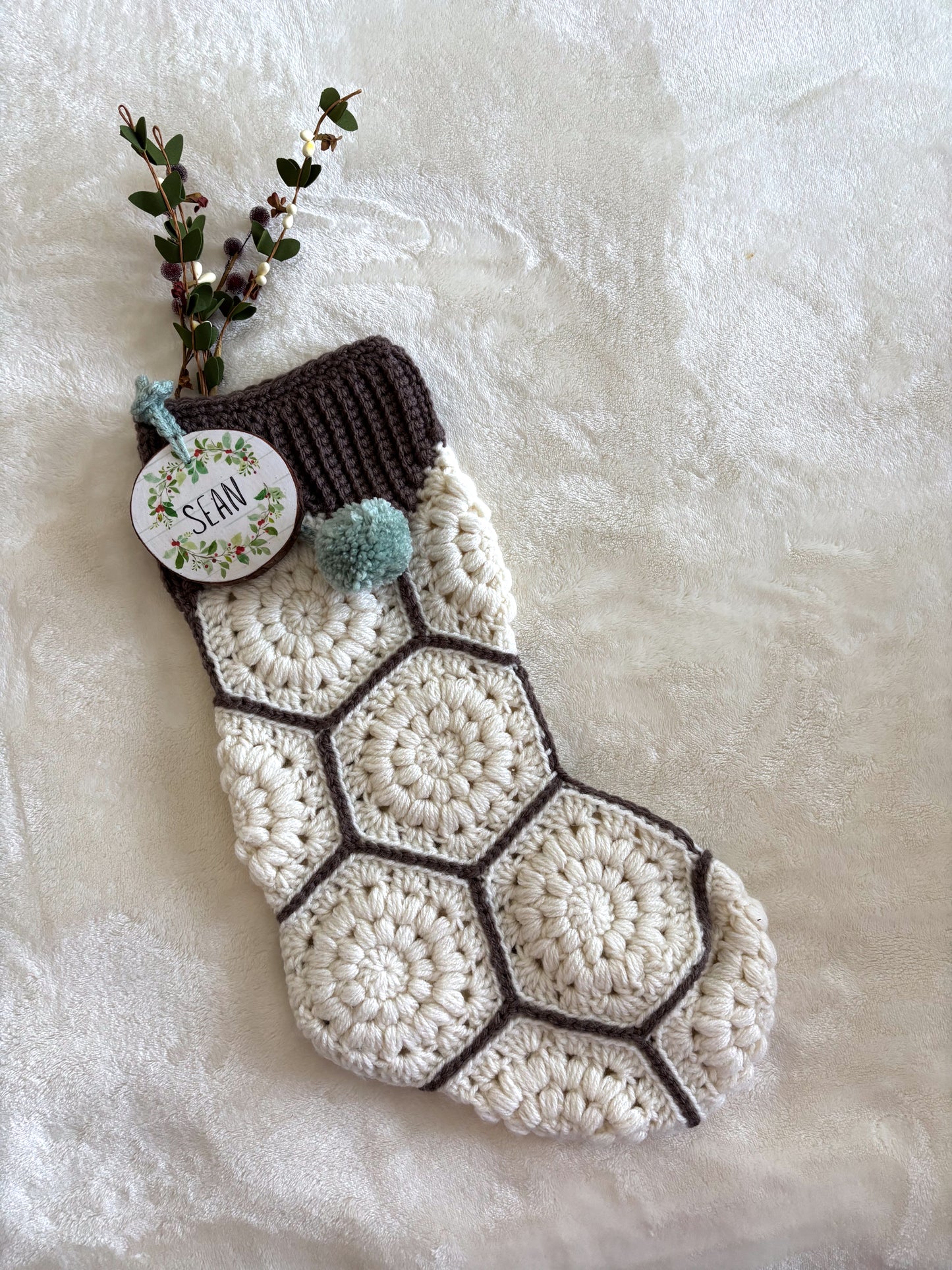 Woodland Calm Crochet Christmas Stockings - Rustic Holiday Decor in Light Green, Cream & Bark