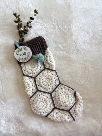 Woodland Calm Crochet Christmas Stockings - Rustic Holiday Decor in Light Green, Cream & Bark