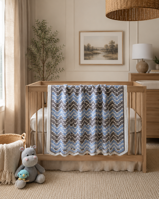 Boho Nursery Blanket | Heirloom Crochet Baby Blanket in Blue, Gray & Cream