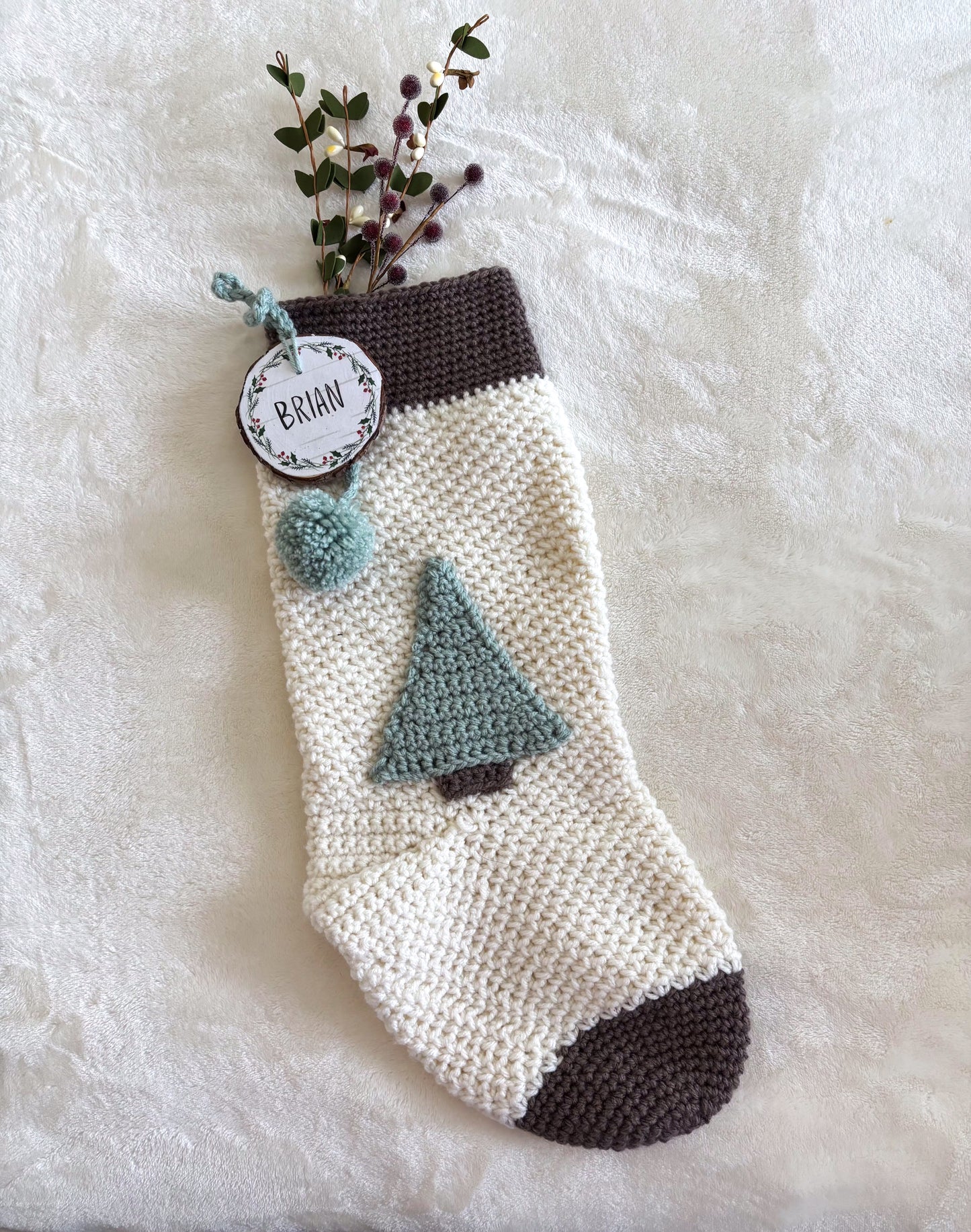Woodland Calm Crochet Christmas Stockings - Rustic Holiday Decor in Light Green, Cream & Bark