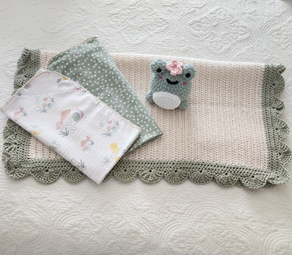 Woodland Heirloom Nursery Set | Crochet Blanket, Receiving Blankets & Frog Plush