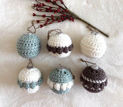 Woodland Calm Crochet Christmas Ornament Set – Set of 6 in Sage, Bark, and Cream