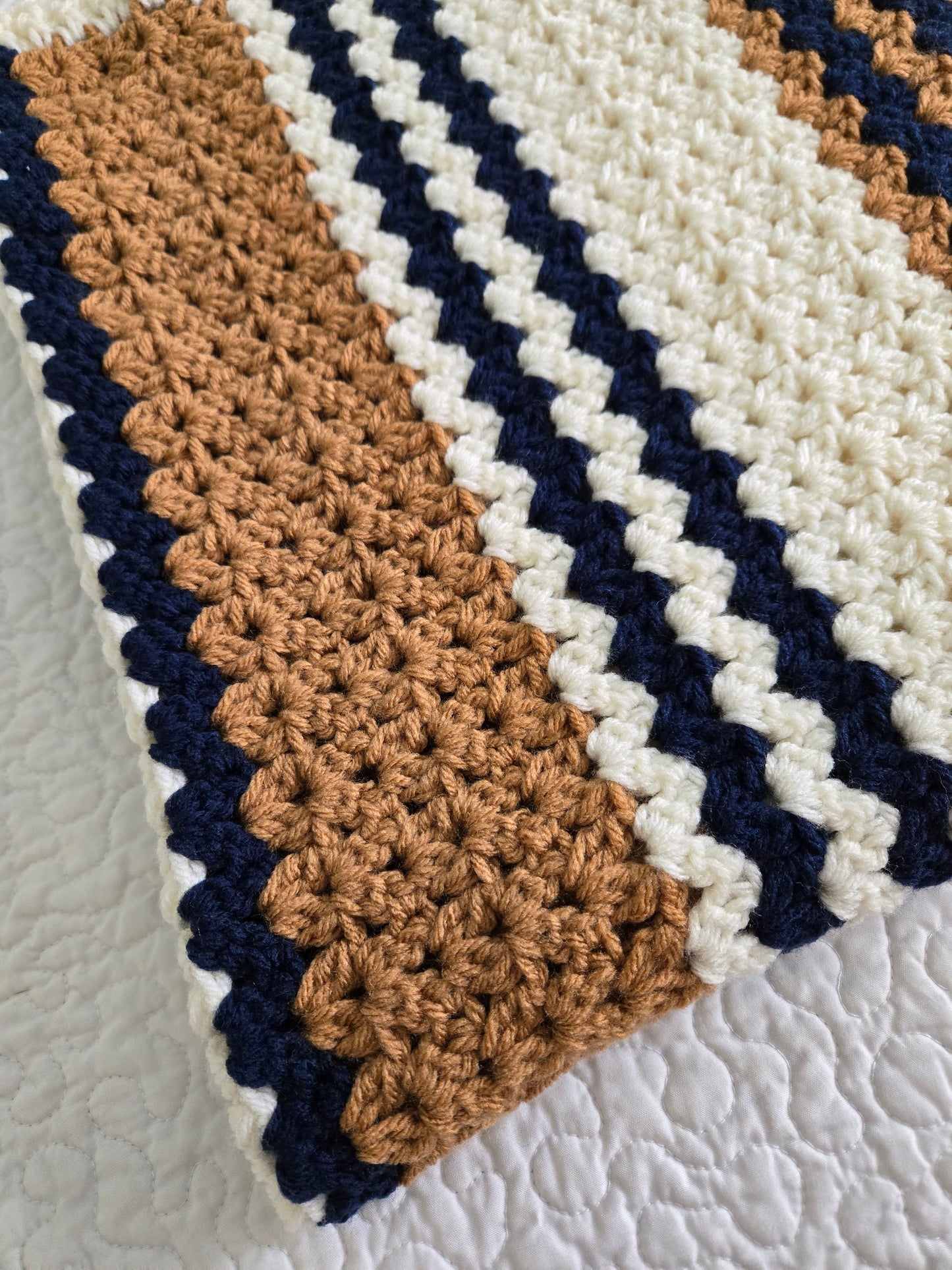 Handmade Heirloom Navy Blue, Gold & Cream Crochet Baby Blanket