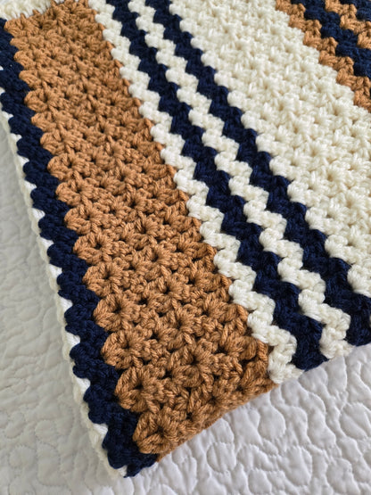 Handmade Heirloom Navy Blue, Gold & Cream Crochet Baby Blanket