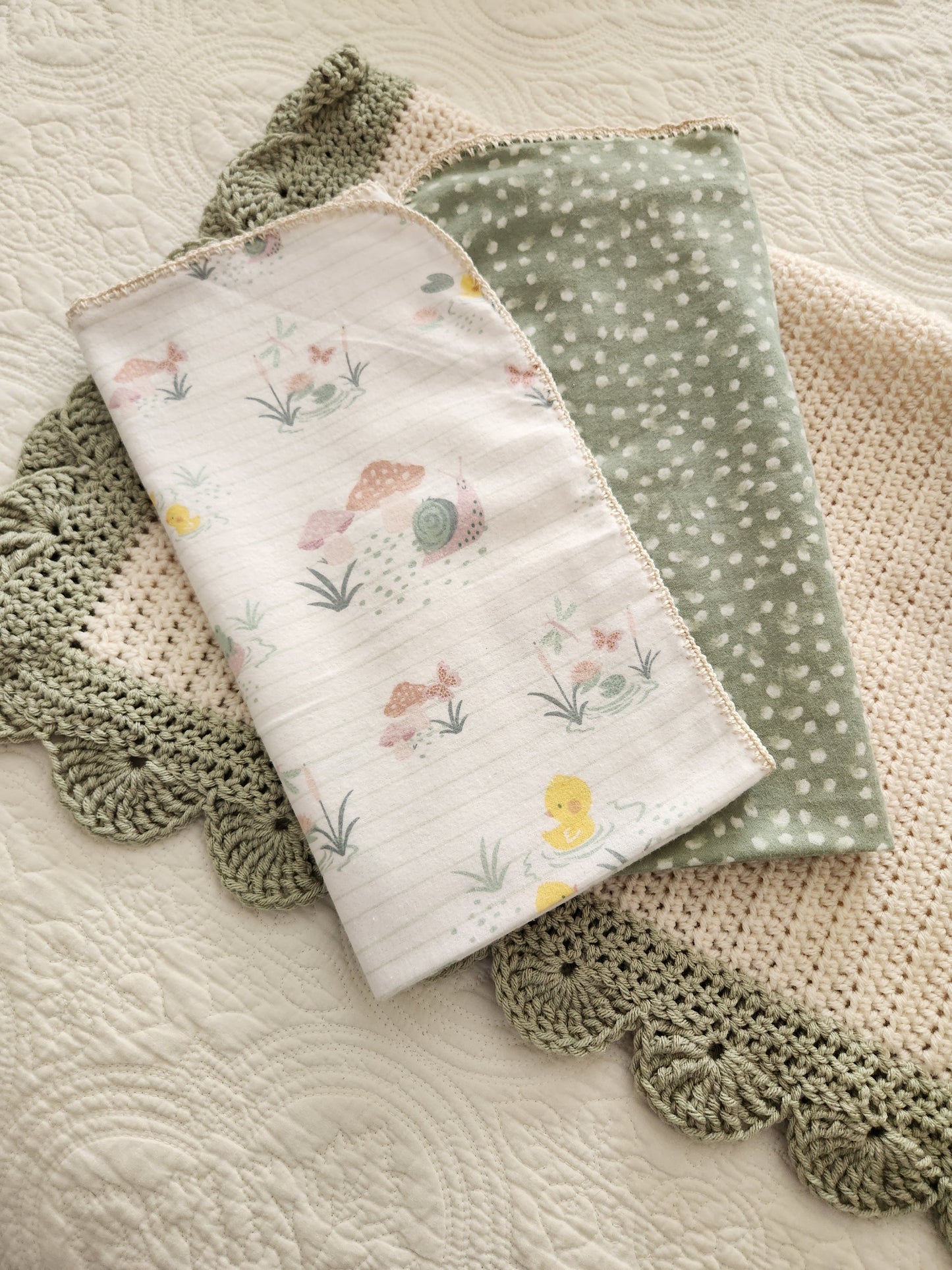 Woodland Heirloom Nursery Set | Crochet Blanket, Receiving Blankets & Frog Plush