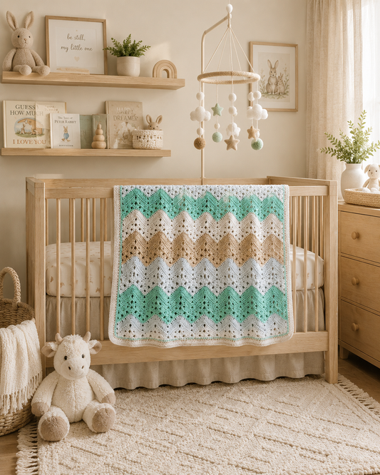 Handmade Crochet Blanket – Green, Blue & Tan Stripes